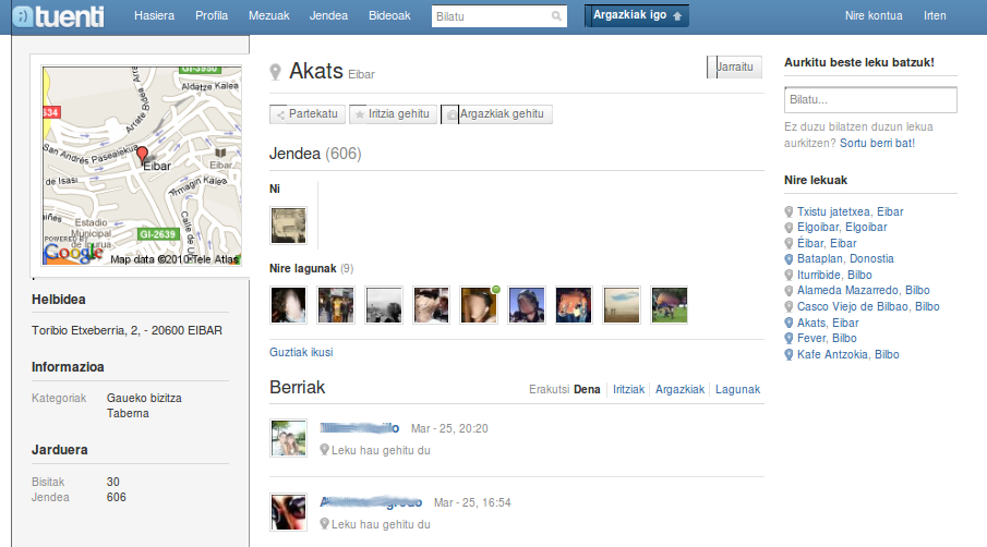Tuenti Lekuak: Akats