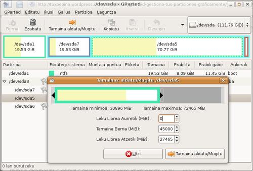 GParted erabilera.