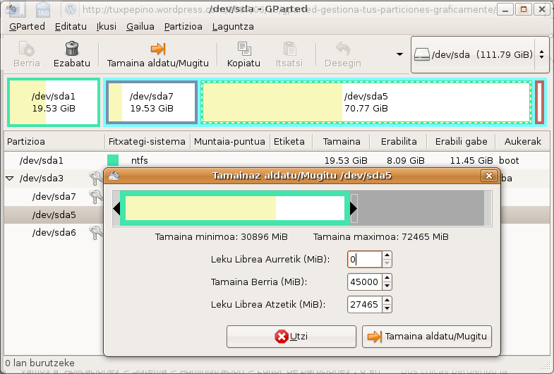 GParted erabilera.