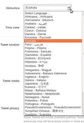 Euskara, Twitterreko hizkuntza aukeran