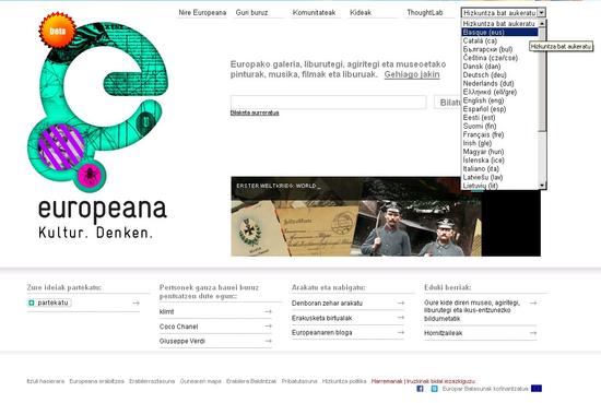 Europeana Euskarazko interfazearekin.