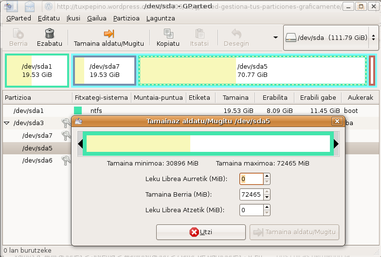 GParted erabilera.